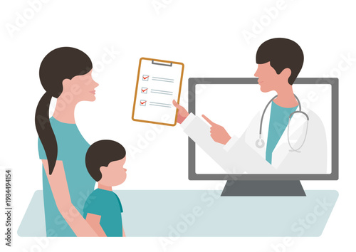 オンライン診療で母親と男の子にチェックリストを見せる医師のベクターイラスト素材
