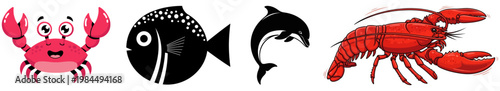 Stylized marine life illustrations lobster fish and crustacean designs