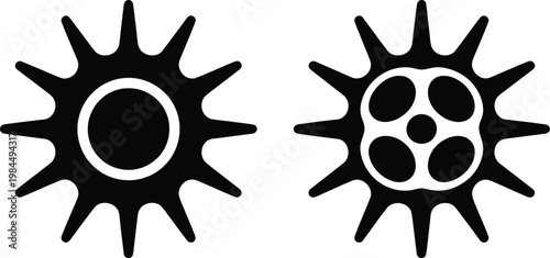 Two black abstract starburst shapes with circular centers one solid one with internal shapes