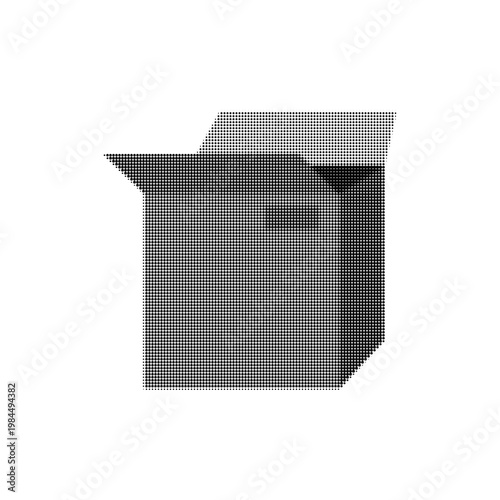 Black and white halftone illustration of an open cardboard box with flaps unfolded, viewed in simple geometric form.