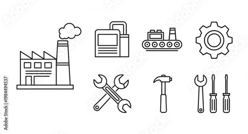 Industrial Icons Set Factory Machinery Tools And Gear.