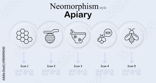 Apiary beekeeping set icon. Honeycomb hexagon cells, hanging beehive, honey jar dipper, queen bee symbol, worker bee insect, honey production, pollination farming