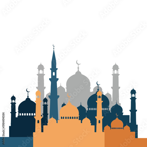 Beautiful Silhouette of an Islamic Mosque with Multiple Minarets and Domes at Sunset