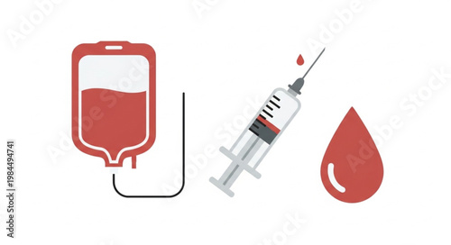Blood bag with syringe and drop for medical transfusion.