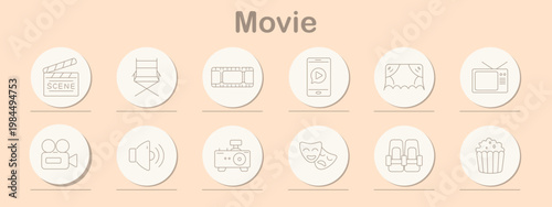 Movie set icon. Line symbols depict clapperboard, director chair, film frames, mobile player, stage curtain, television, video camera, speaker, projector, theater masks, cinema seats, popcorn