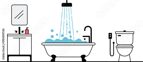 Modern bathroom interior vector illustration with clawfoot bathtub bubbles vanity mirror toilet and shower head in flat outline style