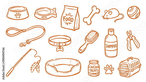 Collection of pet care items and accessories for dogs and cats including food bowls toys and grooming tools in a simple line art style