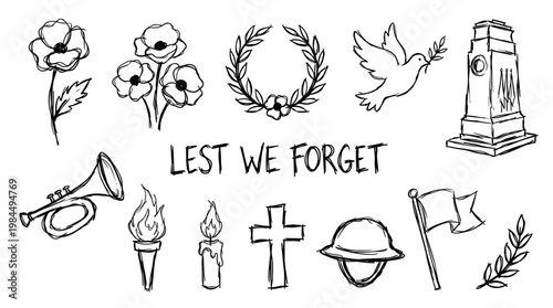 Remembrance Day illustration with poppies, dove, bugle, and memorial monument, Lest We Forget text, symbolizing peace, war, and memory