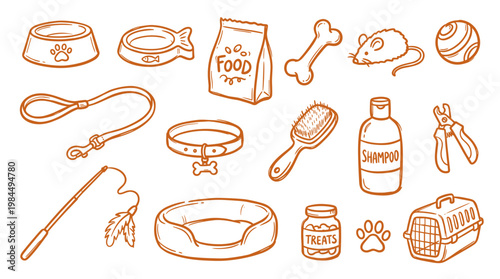 Collection of pet care items and accessories for dogs and cats in a doodle sketch style on a white background