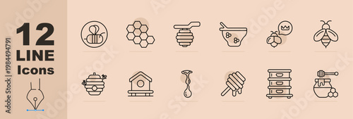 Honey production set icon. Line icons with bee symbol, hexagon cells, honey dipper, bowl with honey, queen bee, flying bee, hive with bees, beehouse, dripping honey, dipper stick, stacked hive boxes