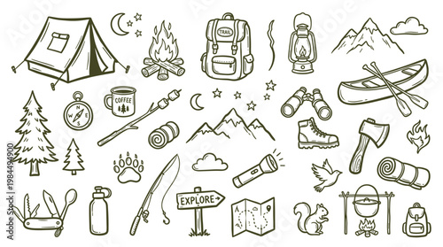 Doodle illustration of camping and outdoor adventure gear and symbols, perfect for travel and nature themes