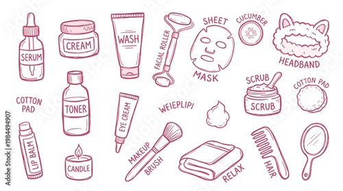 Hand drawn collection of beauty and skincare products for self care routine including serum, cream, toner, mask, roller, and bath accessories