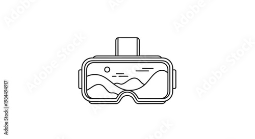 A person explores a virtual reality landscape with a headset, viewing a scenic mountain range and sunny sky from a first-person perspective.