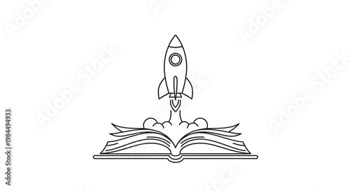 Rocket launches from open book in clouds with smoke and flames rising high in sky with excitement and motion