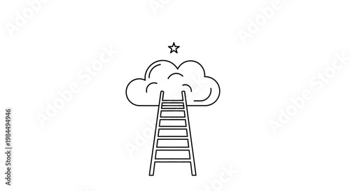 An illustration of a ladder reaching up to a smiling cloud with a star above in a dreamy scene.