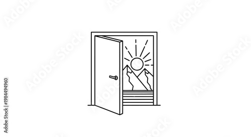 A sunny mountain landscape with a sunbeam shining through an open door leading outside on a clear day with a bright sunny sky.
