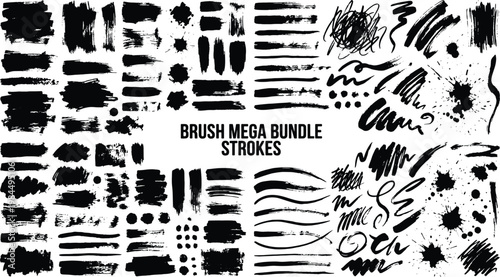 Collection of various black brush strokes and splatters on white background for graphic design  BRUSH MEGA BUNDLE STROKES