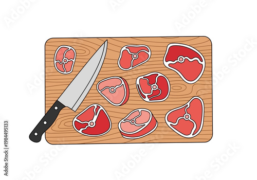 Raw meat slices on a wooden cutting board with a sharp knife