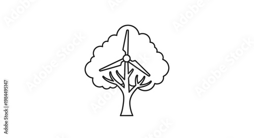 A wind turbine stands tall beside a tree amidst a cloudy landscape with a focus on renewable energy and environmental conservation efforts.