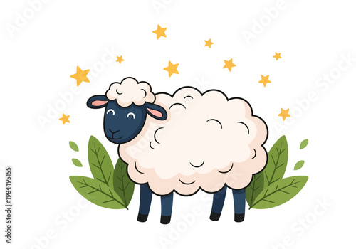 A cartoon sheep stands under starry night surrounded by green leaves.