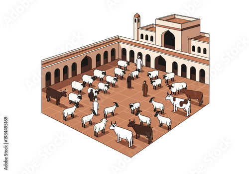 A person stands among numerous sheep and goats inside a Middle Eastern courtyard.