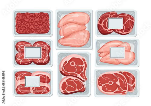 Variety of raw meats displayed in packaged trays on a table indoors