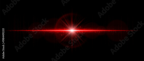 Abstract glowing energy burst with radiant light waves and horizontal beam, dynamic lens flare effect with sparkling particles and subtle motion on dark background