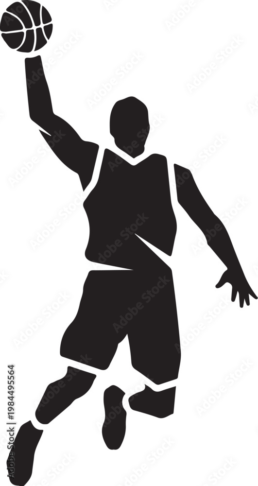 Fototapeta premium Black silhouette basketball player, athletic sports icon, vector illustration, dunking player