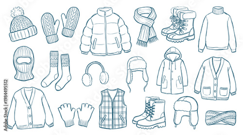 Collection of winter clothing items and accessories for cold weather protection and outdoor activities, hand-drawn sketch style