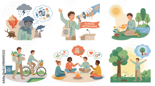 Illustrations show people coping with anxiety through wellness activities outdoors