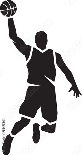 Black silhouette basketball player, athletic sports icon, vector illustration, dunking player