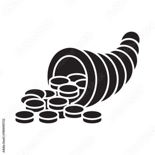 Black and white cornucopia overflowing with coins a symbol of abundance