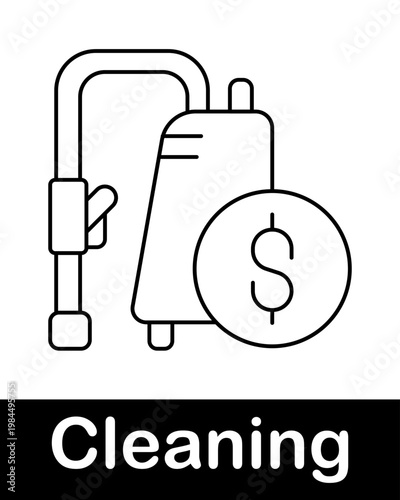 Vacuum cleaner with dollar coin line icon representing paid cleaning service, household maintenance and professional sanitation concept