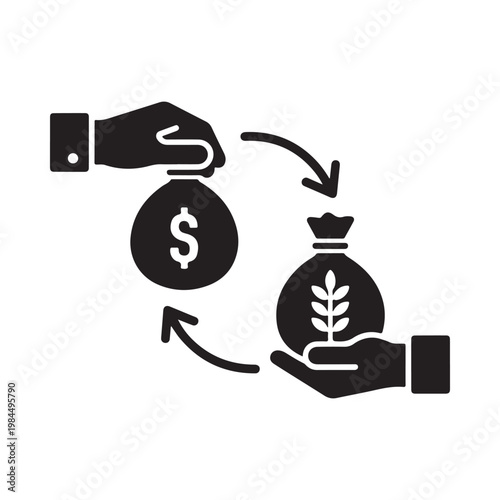 Financial exchange depicted with hands money bag and agricultural produce