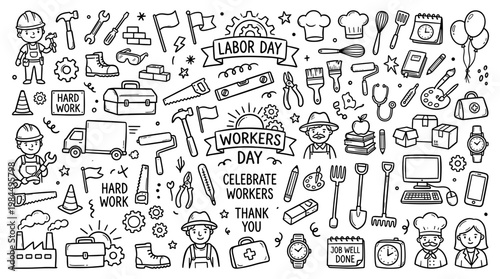 Labor Day celebration with diverse workers and tools, representing hard work, appreciation, and various professions in a doodle art style
