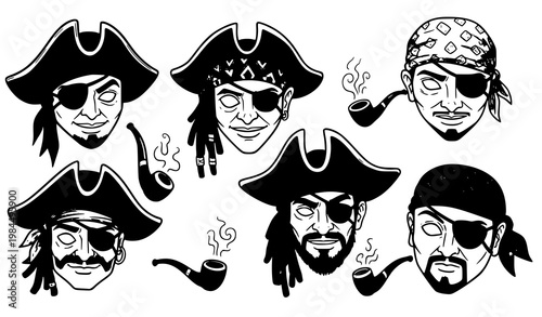 Hand drawn pirate mask cartoon set with funny sea characters hats bandanas and accessories isolated on white