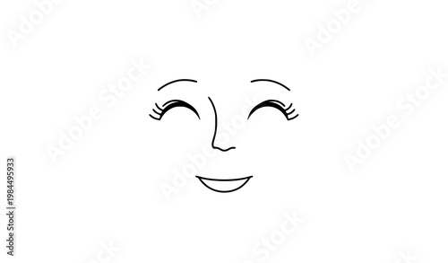 Minimal smiling cartoon face line art with closed eyes and blush cheeks simple happy emoji vector isolated on white