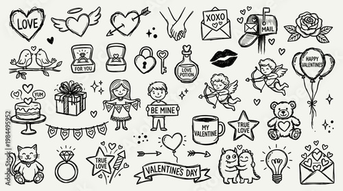 Hand drawn collection of romantic symbols and cute illustrations for Valentines Day celebration and love themes