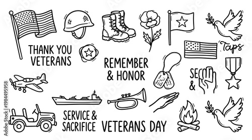 Veterans Day Doodle Art Collection Honoring Service Sacrifice Remembrance and Patriotism with American Symbols Military Icons and Poppies