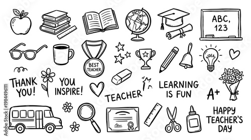 Doodle style illustration of school supplies and teacher appreciation elements for a happy teachers day celebration