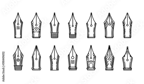 Vintage fountain pen nib vector icon set with retro ink pen tips and engraved details isolated on white