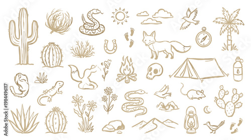 Desert wildlife and landscape elements hand-drawn sketch collection for nature and adventure themes