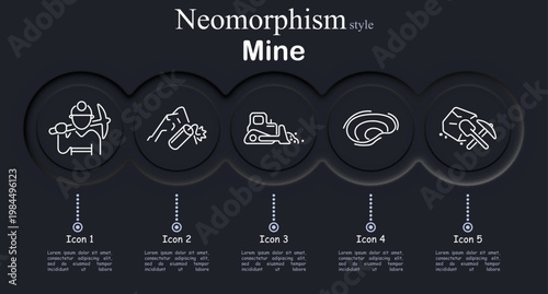 Mine set icon. Neomorphic dark interface circles with line symbols of miner pickaxe worker, mountain dynamite blast, bulldozer excavation machine, underground tunnel ring