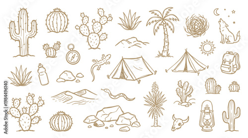 Desert landscape elements and camping gear hand drawn sketch collection for adventure and travel themes