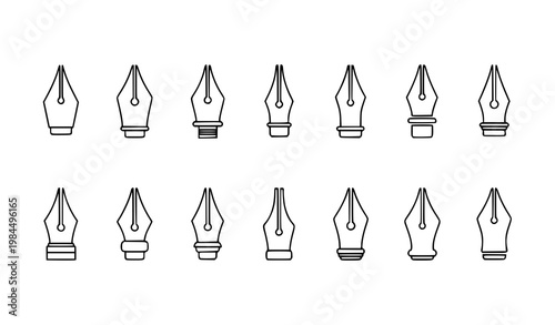 Minimal fountain pen nib icon set with simple retro writing tool tips for logo and UI design isolated on white
