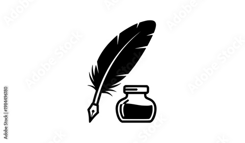 Simple quill pen and inkwell black vector illustration vintage writing icon isolated on white