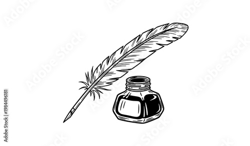 Hand drawn quill pen and inkwell black vector illustration vintage writing set isolated on white