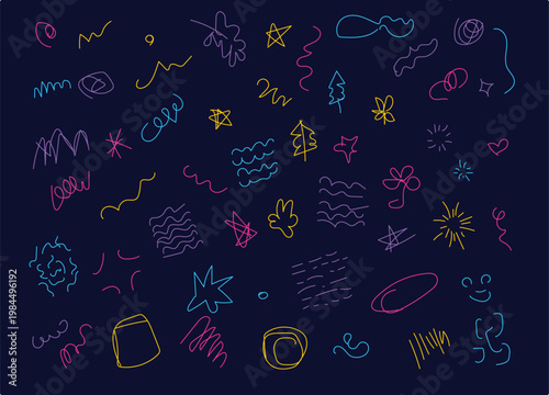 collection of colorful doodle icons and abstract shapes arranged against a dark background. 