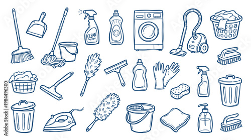 Collection of hand drawn cleaning supplies and tools for home hygiene and household chores illustration