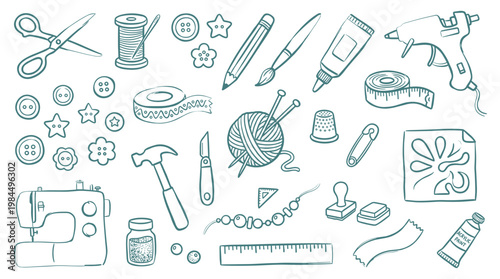 Collection of crafting and sewing supplies for creative hobbies and DIY projects including scissors thread buttons needle and thread gun